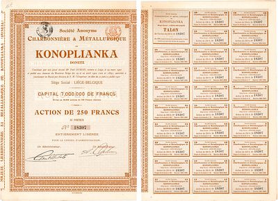 Акционерное общество Угледобывающее и Металлургическое в Коноплянке. Акция в 250 франков 1900 года.