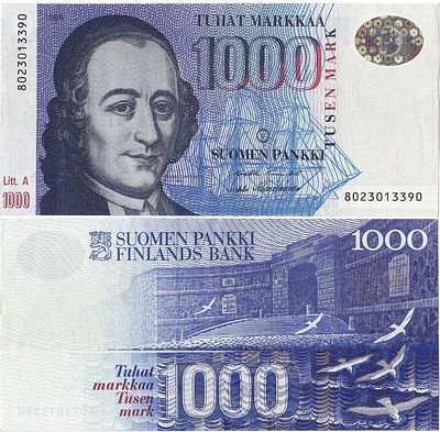 Финляндия. 1000 марок 1986 (1991) года. Андерс Чюдениус. Литера А. Серия №8023013390. Pick 121. 