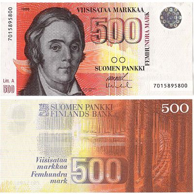 Финляндия. 500 марок 1986 (1991) года. Элиас Лённрот. Литера А. Серия №7015895800. Pick 120. 