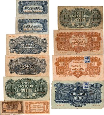 Чехословакия. Лот из 11 бон 1944 года. Болгария. Царство. 20 лева выпуска 1944 года. Серия АА 