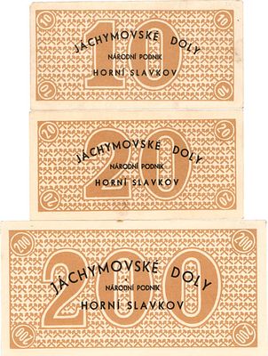Чехословакия. Яхимовский рудник. Лот из 3 бон. 10, 20, 200 крон (1955) года. Цвет фона 