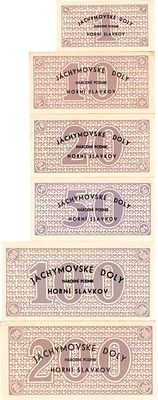 Чехословакия. Яхимовский рудник. Сборный лот из 6 бон (1955) года. 1, 10, 20, 50, 100, 200 крон. 