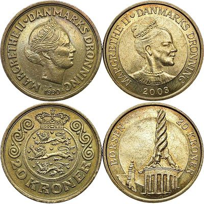 Дания. Сборный лот из 2 монет. Алюминиевая бронза. Дания. 20 крон 1990 года. Маргрете II. 