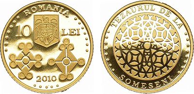 Румыния. Республика. 10 леев 2010 года. Серия "История золота". Клад гепидов. Золото. 1,22г. 
