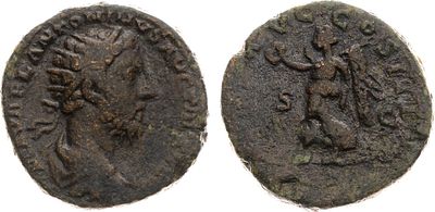 Римская империя. Император Марк Аврелий. Дупондий 179 года. Бронза. 12,18г. Рим. Бюст 