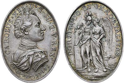 Коллекция. Германия. Медаль 1718 года. В память кончины короля Швеции Карла XII. Серебро. 6 
