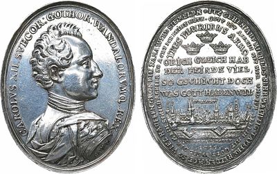 Коллекция. Швеция. Королевство. Король Карл XII. Медаль 1715 года. В память обороны Штральзунда. 