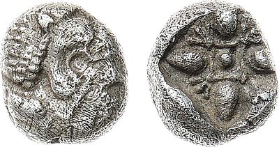 Древняя Греция. Иония. Диобол 570-520 гг. до н.э. Серебро. 1,11г. Милет. Аверс: голова льва 