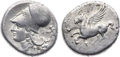 Древняя Греция. Город Коринф. Статер 375-300 гг до н.э. Серебро. 8,38г. Аверс: голова Афины в 