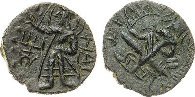 Кушанское царство. Царь Хувишка I. AE 23 151-190 гг. Медь. 2,71г. Аверс: возлежащий на ложе 