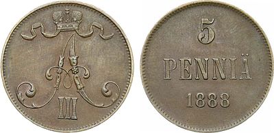 5 пенни 1888 года. Медь. 6,32г. Для Финляндии. Гельсингфорсский монетный двор. Уздеников 4724. 