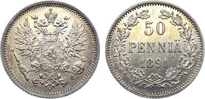 50 пенни 1891 года. L. Серебро. 2,54г. Для Финляндии. Гельсингфорсский монетный двор. Уздеников 
