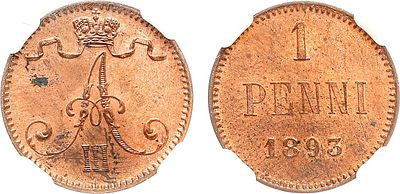 1 пенни 1893 года. В слабе ННР MS 63 RB. Медь. Для Финляндии. Гельсингфорсский монетный двор. 