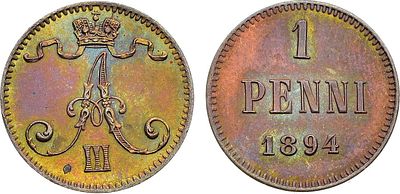 1 пенни 1894 года. Медь. 1,26г. Для Финляндии. Гельсингфорсский монетный двор. Уздеников 4747. 
