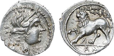 Галлия. Массалия. Драхма 125-90 гг. до н.э. Серебро. 2,87г. Массалия. Аверс: портрет Артемиды 