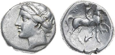 Древняя Греция. Калабрия. Тарент. Дидрахма 281-228 гг. до н.э. Серебро. 6,94г. Аверс: женская 