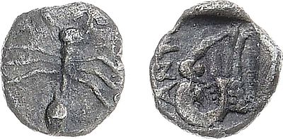Боспорское царство. Царь Сатир I. Тетартеморий 413-403 гг. до н.э. Серебро. 0,1г. Пантикапей. 