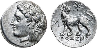 Древняя Греция. Иония. Драхма 340-325 гг. до н.э. Серебро. 3,51г. Милет. Аверс: голова Аполлона 