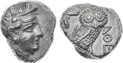 Древняя Греция. Аттика. Тетрадрахма 353-294 гг. до н.э. Серебро. 16,2г. Афины. Аверс: голова 