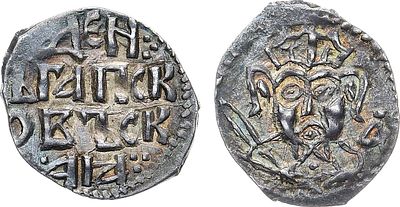 Псковская республика. Денга 1424-1460 гг. Серебро. 0,74г. Аверс: строчная легенда, точки 