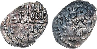 Новгородская республика. Денга 1420-1478 гг. Серебро. 0,75г. Аверс: русская легенда в кресте. 