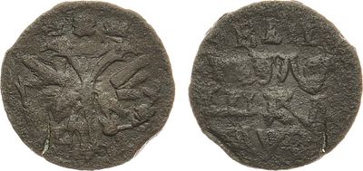 Полушка 1719 года. НД. Ошибка: "ПУЛОШКА". Медь. 1г. Набережный монетный двор. Аверс: 