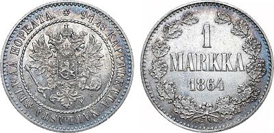 1 марка 1864 года. S. Серебро. 5,18г. Для Финляндии. Гельсингфорсский монетный двор. Тираж: 