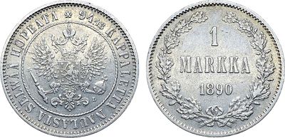 1 марка 1890 года. L. Серебро. 5,12г. Для Финляндии. Гельсингфорсский монетный двор. Уздеников 