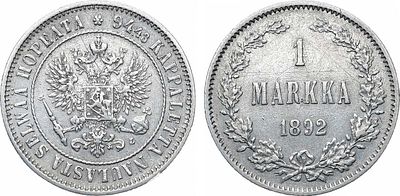 1 марка 1892 года. L. Серебро. 5,11г. Для Финляндии. Гельсингфорсский монетный двор. Уздеников 
