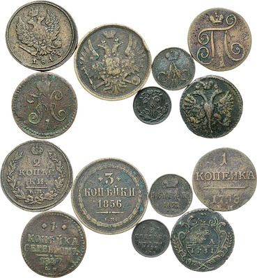 Сборный лот из 7 монет. Медь. Денга 1731 года. 8,17 г. XF-. 1 копейка 1798 года. ЕМ. 9,51 г. 