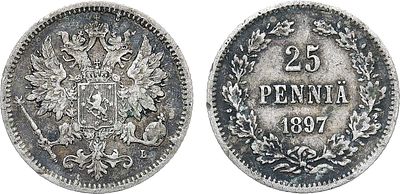 25 пенни 1897 года. L. Серебро. 1,24г. Для Финляндии. Гельсингфорсский монетный двор. Тираж: 