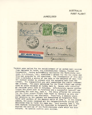 Worldwide Air Post Stamps and Postal History - Australia. PIONEER EXPERIMENTAL FIRST FLIGHTS - 