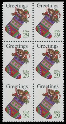 United States - Modern Errors and Varieties. 1994, Christmas Stocking, 29c multicolored, block 