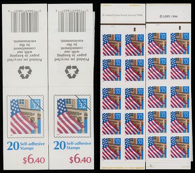 United States - Modern Errors and Varieties. 1996, Flag over Porch, two $6.40 intact booklets 