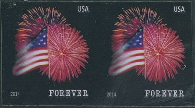 United States - Modern Errors and Varieties. 2014, Flag and Fireworks, Forever (49c) 
