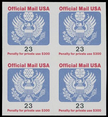 United States - Official Mail. 1991, Eagle 23c red, blue and black, imperforate block of four 