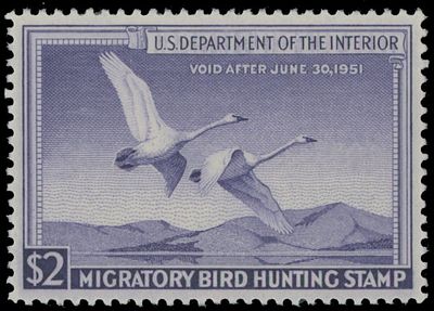 United States - Hunting Permit stamps. 1950, Trumpeter Swans in Flight, $2 violet, perfectly 