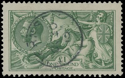 Great Britain. 1913, King George V and Sea Horses, &pound;1 green, a single with watermark Large Crown 