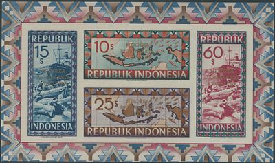 Indonesia. 1949, Liberation of Jakarta, Map and Cargo Ship ''Merdeka'', imperforate souvenir 