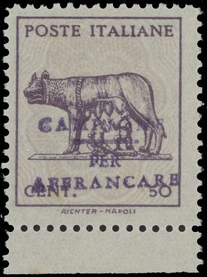 Italy. 1944, She-Wolf, 50c rose violet on pale violet background, bottom sheet margin single of 