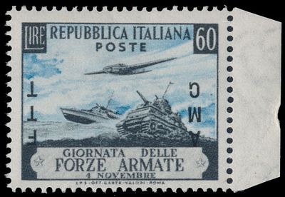 Italy - Trieste (Zone A). 1952, Armed Forces Day, inverted black overprint ''AMG FTT'' on 60L 