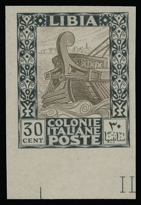 Italian Colonies - Libya. 1924-29, Ancient Galley, imperforate plate proof of 30c in black and 
