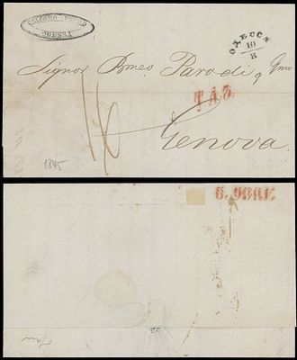 Imperial Russia - Pre-Philatelic mailings. 1845 (May 10), entire letter from Odessa to Genoa 
