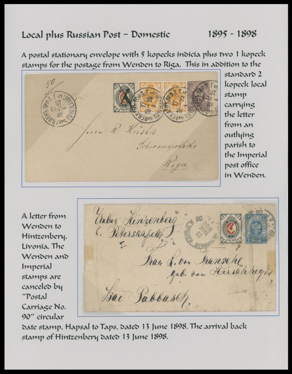 Lot 909: Wenden Postal History - Internal Correspondences with mixed franking of Imperial and Wenden stamps