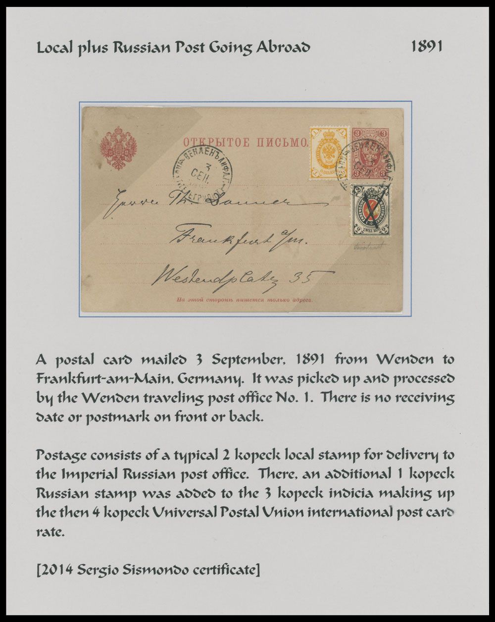 Lot 914: Wenden Postal History - International Correspondences with mixed franking of Imperial and Wenden stamps