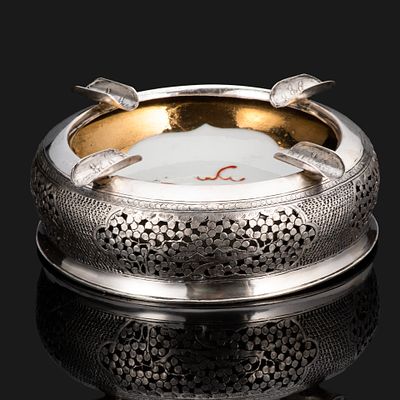 Пепельница с изображением дракона, серебро 900 пробы, фарфор, роспись, золочение, Вьетнам 