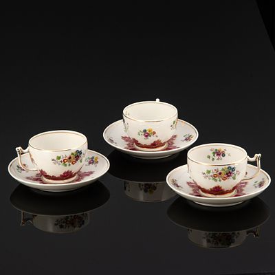 [Редкий декор] Три чайные пары "Барбарис", фарфор, деколь, роспись, золочение, Дмитровский 