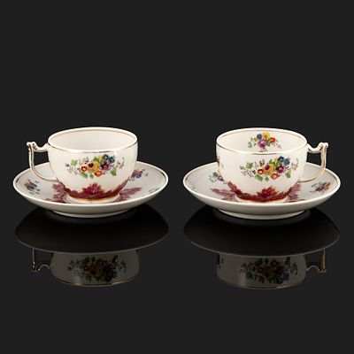 [Редкий декор] Две чайные пары "Барбарис", фарфор, деколь, роспись, золочение, Дмитровский 