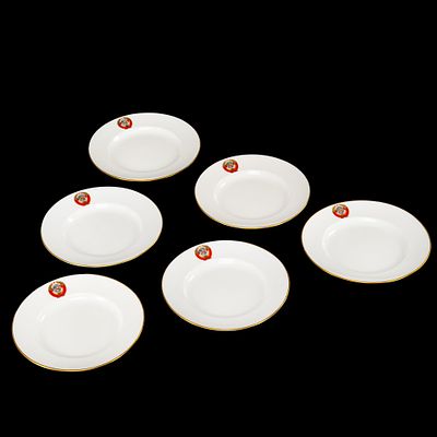 Набор из 6 пирожковых тарелок из Кремлевского сервиза с гербом СССР, фарфор, роспись, золочение 