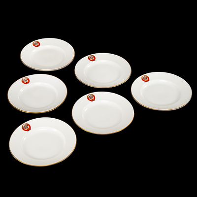 Набор из 6 закусочных тарелок из Кремлевского сервиза с гербом СССР, фарфор, роспись, золочение 